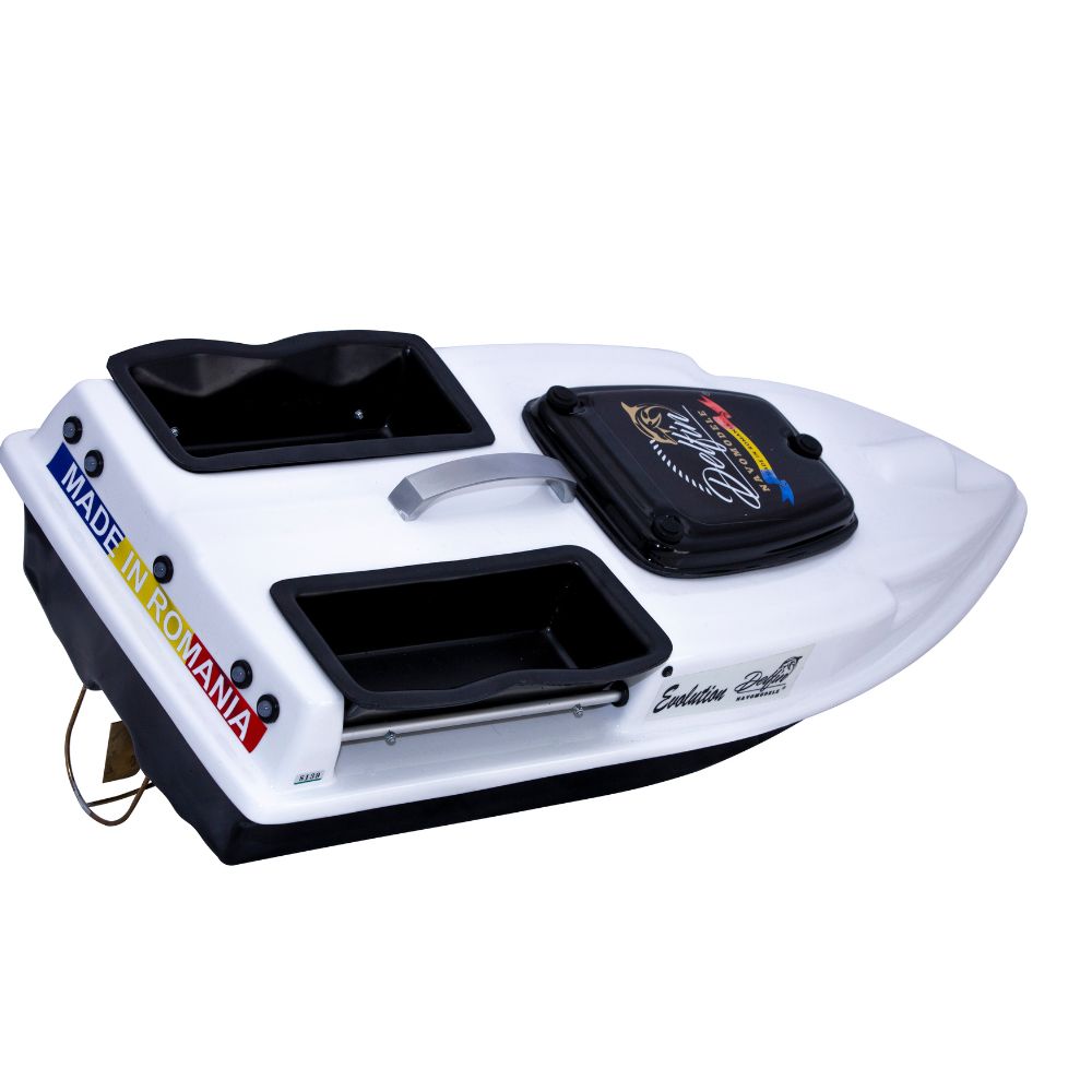 Navomodel Evolution V2 Alb 2.4 GHz, Cuve Generoase, 1.3 kg Nadă, Stabilitate Maximă, Far 3W și Cuvare Independente